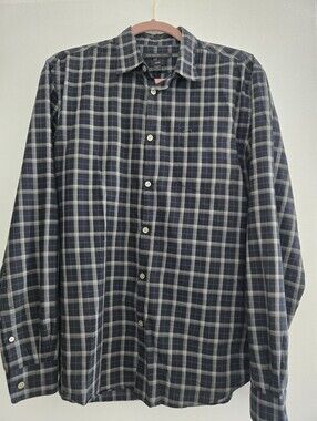 John VARVATOS | MEDIUM |Men's Classic Plaid Button-Down Shirt - Navy/Black/Grey